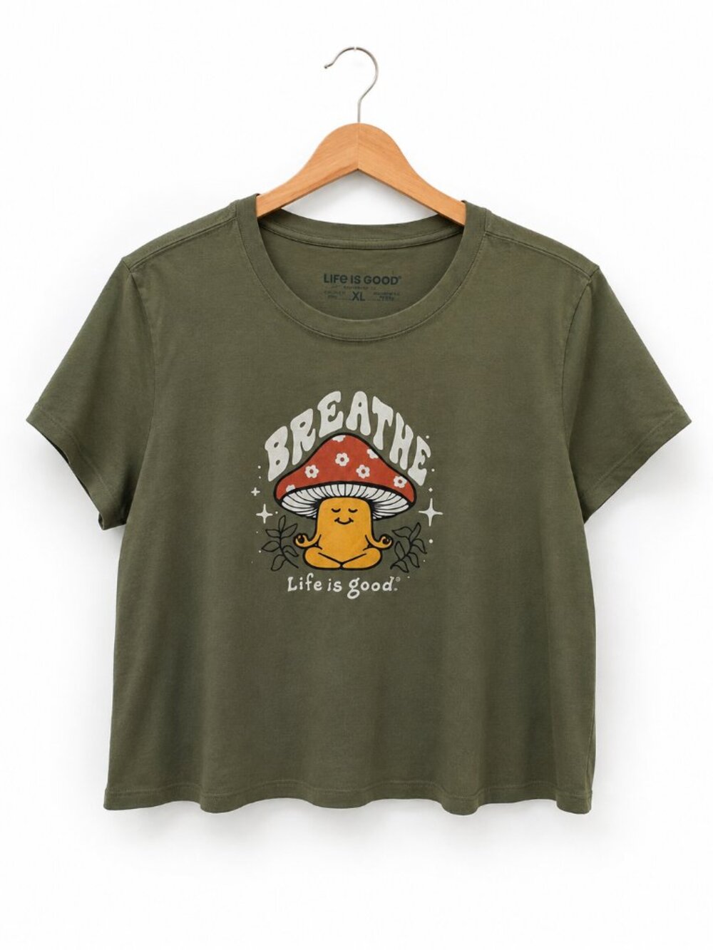 Life Is Good Breathe Mushroom Graphic Crop Tee Olive Green XL